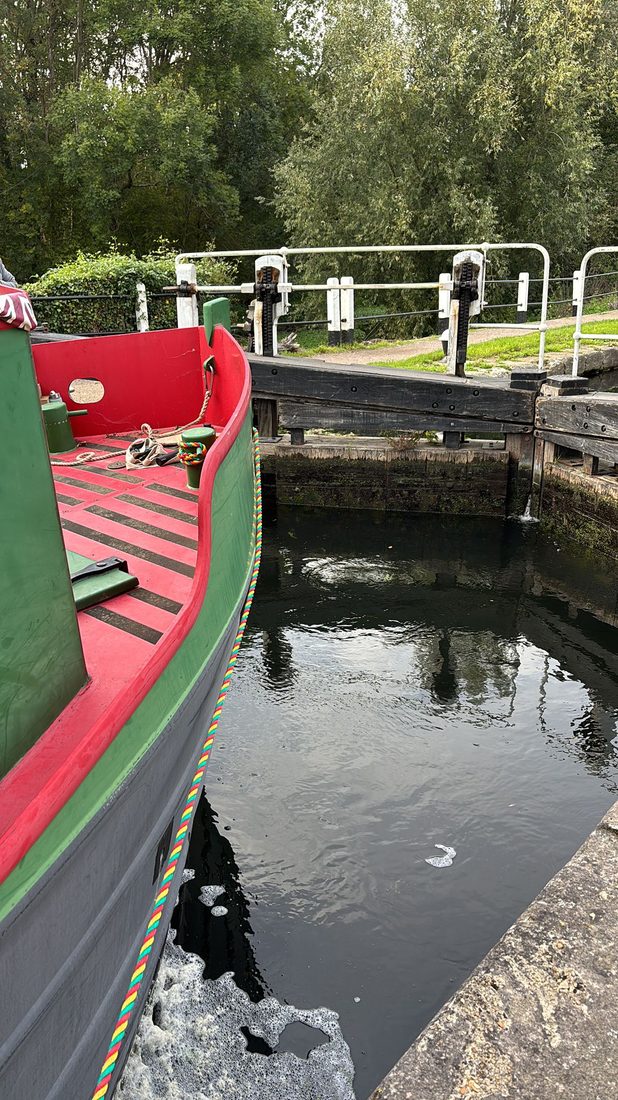 View from the bow looking back at a set of lock gates